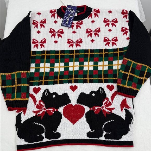 jj browne Sweaters - JJ Browne Sweater Wm Medium Ugly Christmas Dog Bow Plaid Sparkle Vintage USA 80s